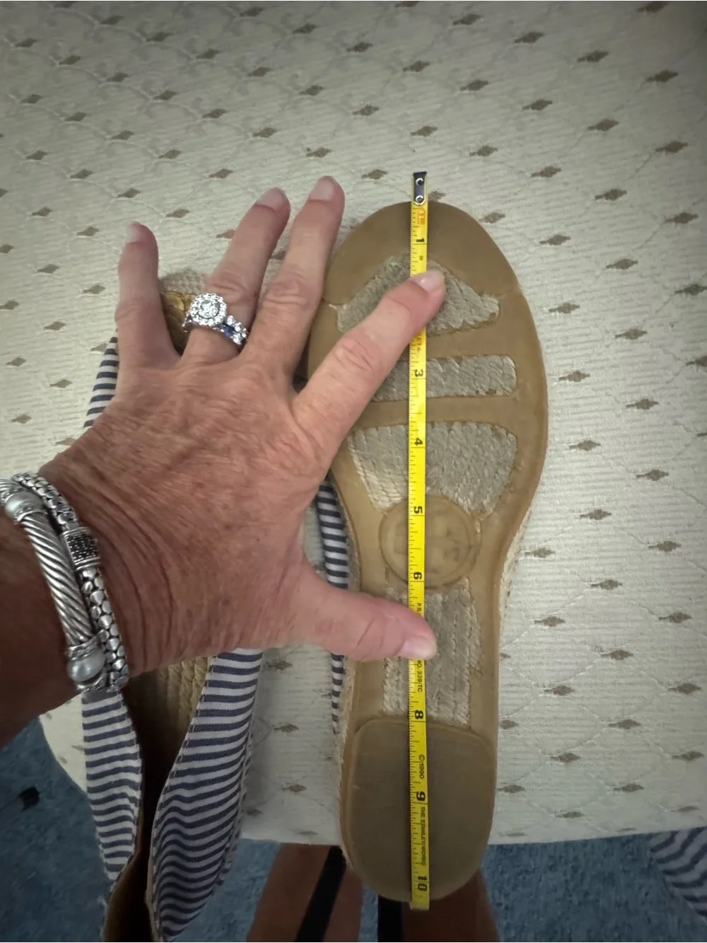 Tory Burch Navy and White Striped Espadrille Flats with Gold Sequin Flower